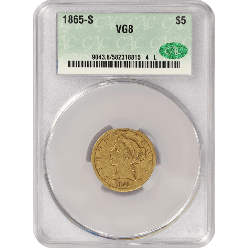 1865-S Liberty Head $5 Gold Half Eagle, CACG VG-8 CAC - Rare Date