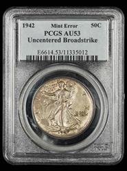 1942 50C Mint Error Uncentered Broadstrike PCGS AU53
