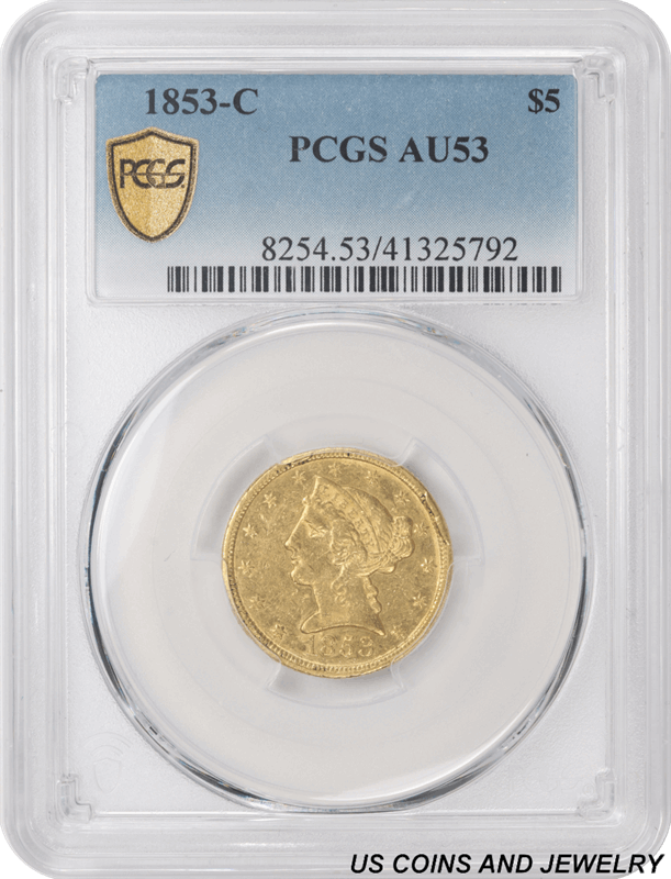 Buy HALF EAGLE GOLD COINS-1853-C Liberty $5 Gold Half Eagle PCGS AU53 ...