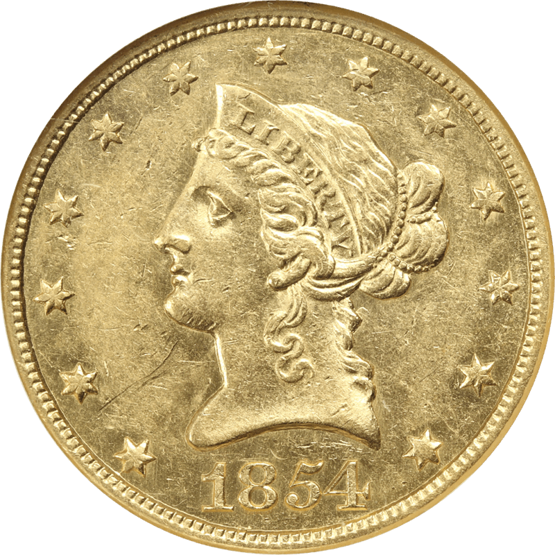 1854 Liberty $10 Head Eagle, NGC AU 55 - SS Republic, Nice Luster