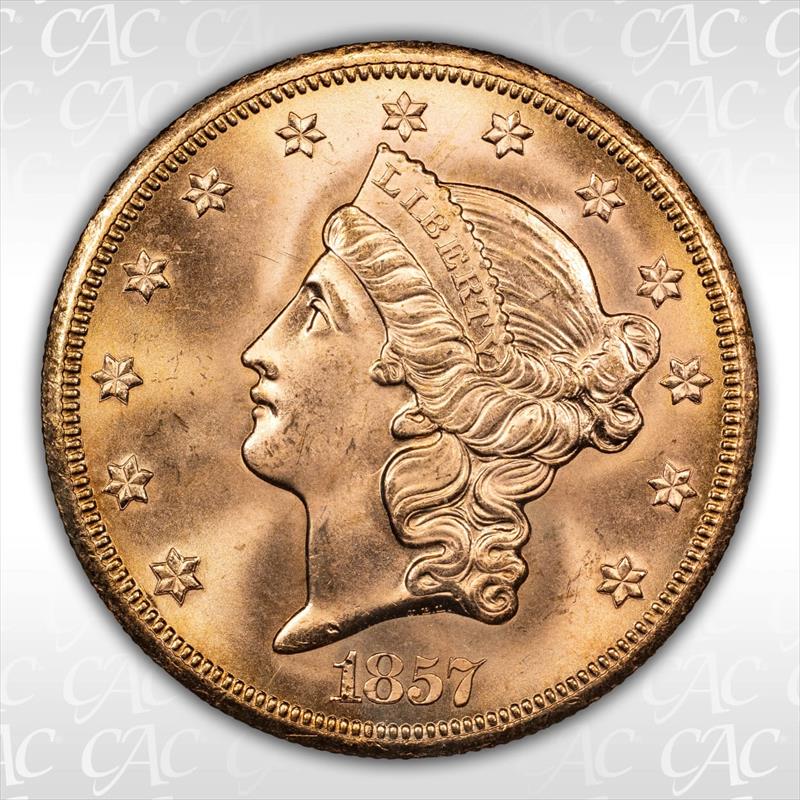 1857-S $20 CACG MS 66