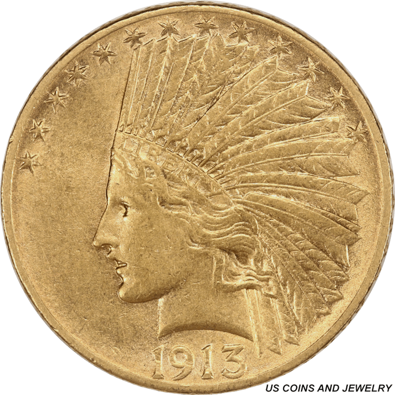 1913-S Indian Head $10 Eagle Circulated, Almost Uncirculated - Nice Original Coin
