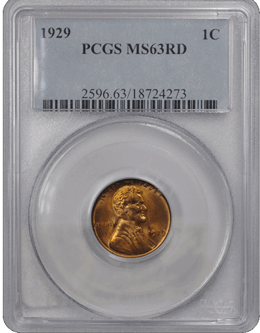 1929 1C Lincoln Cent - Type 1 Wheat Reverse PCGS RD #3688-3 MS63