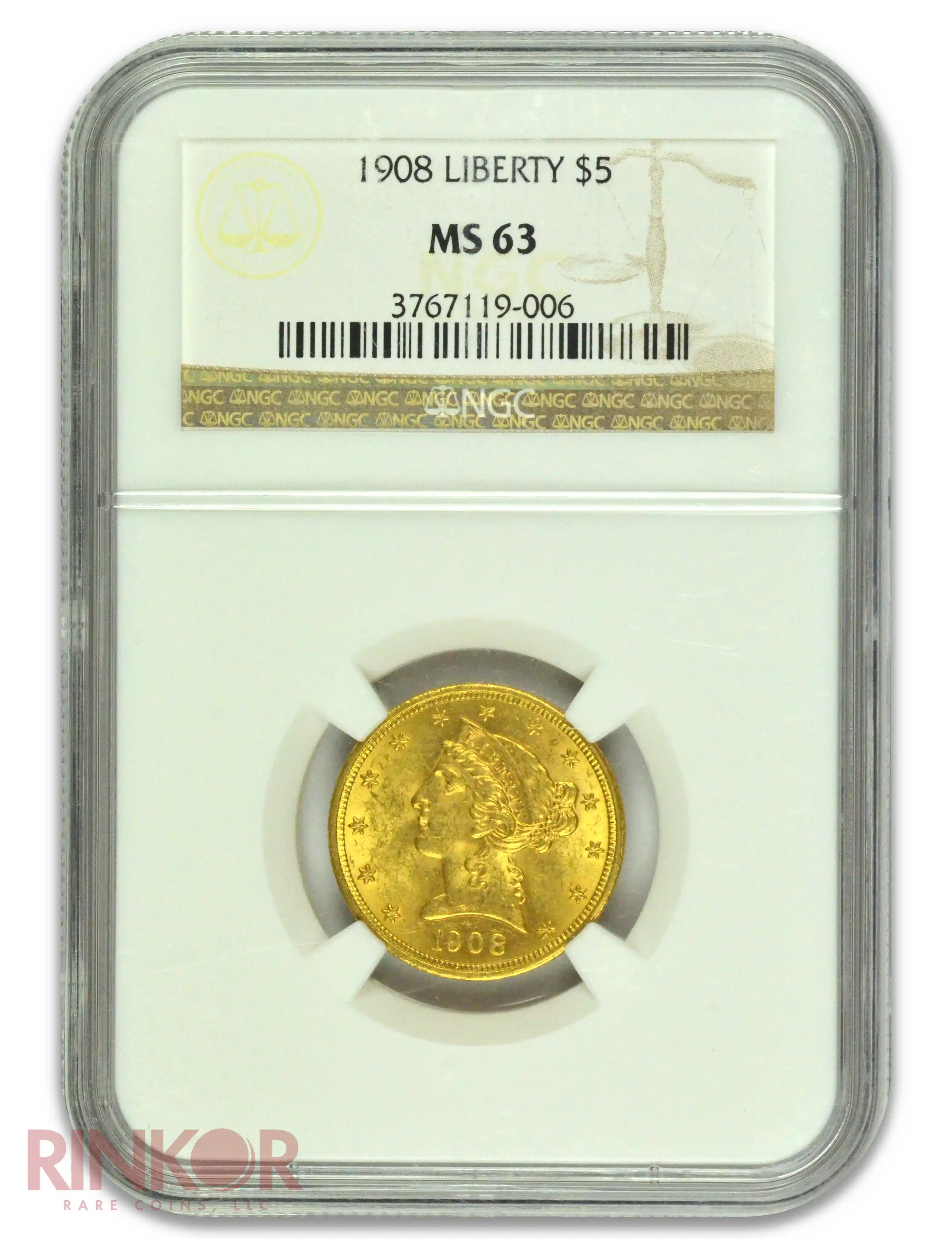 1908 Liberty $5 Liberty Head NGC MS 63