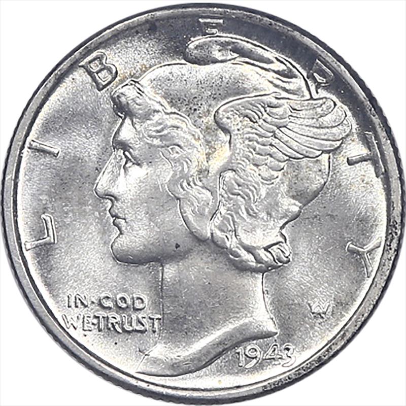 1943 Mercury Dime 10c, Choice Uncirculated - Nice Original Coin