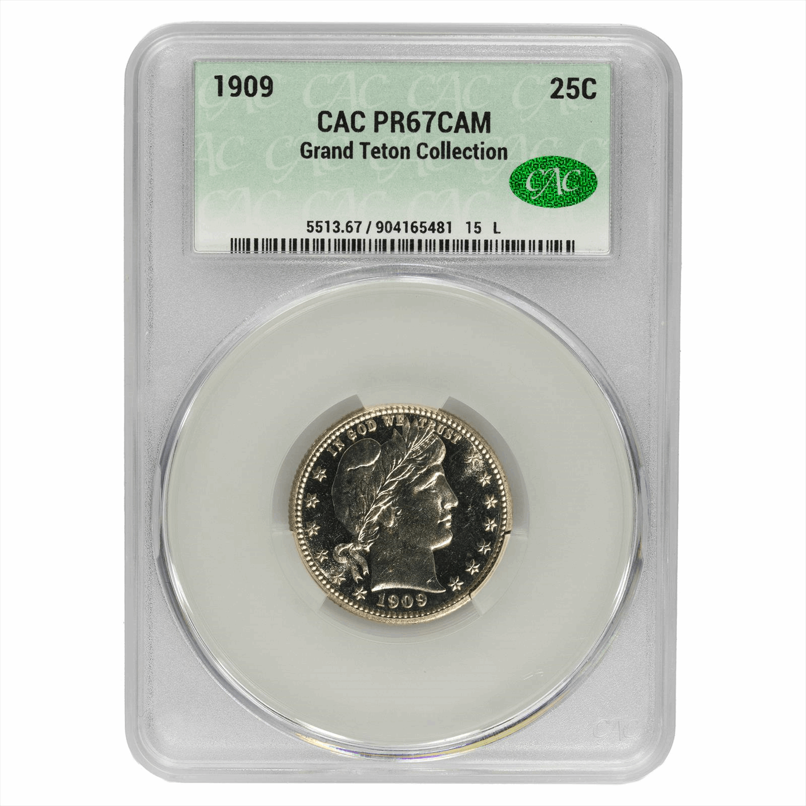 1909 Barber Quarter 25c, CACG PR 67 CAM CAC - Grand Teton Collection