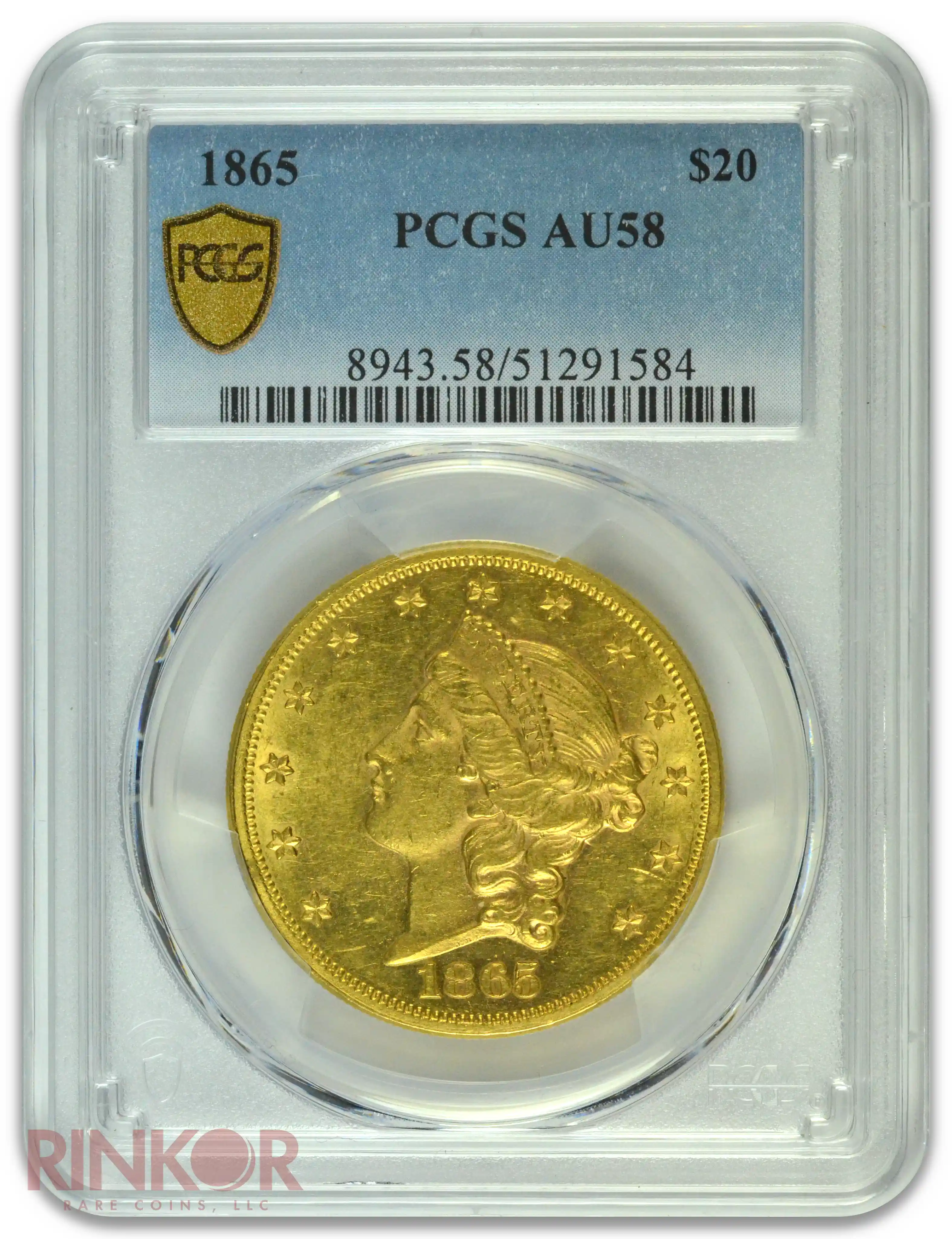 1865 Liberty Head $20 PCGS AU-58