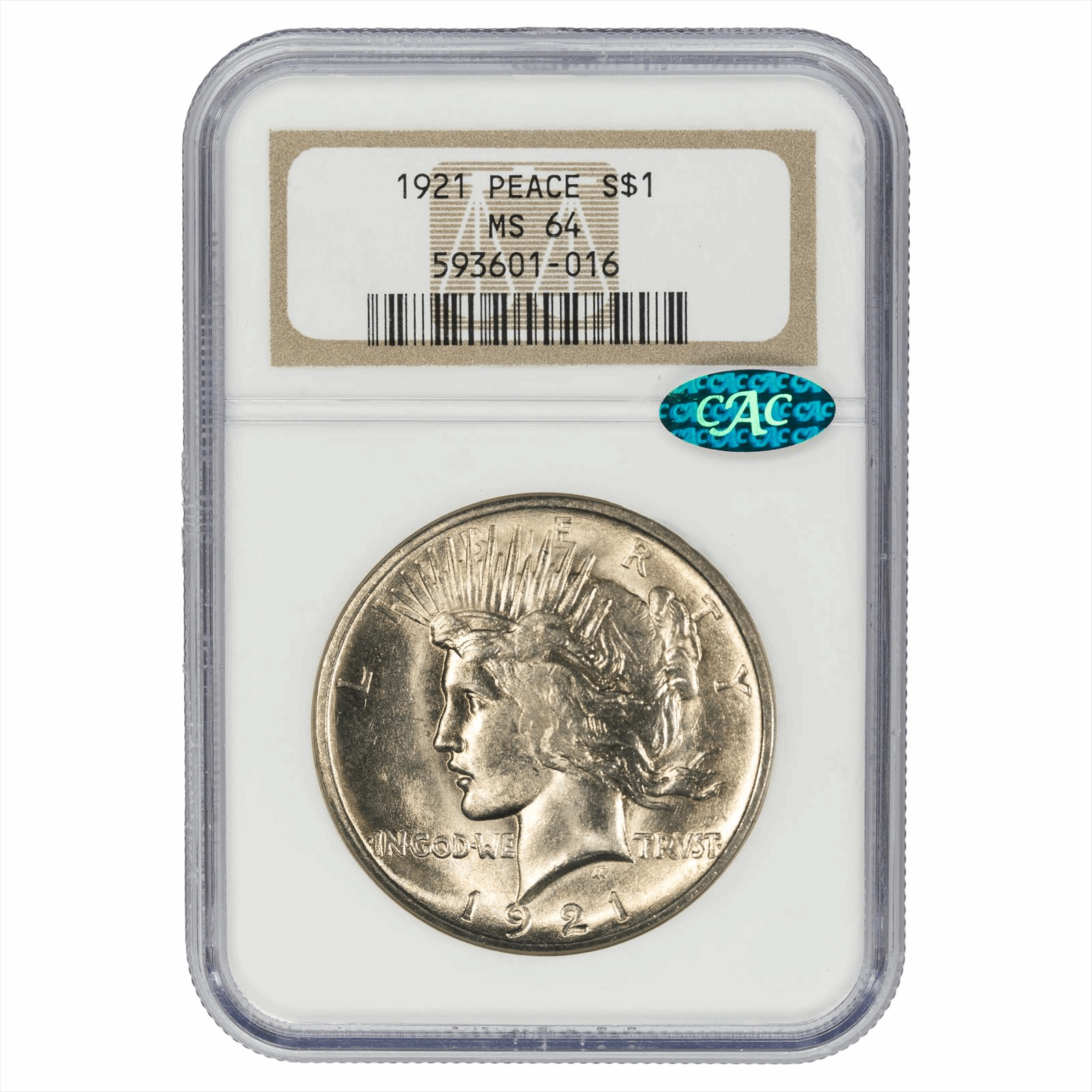 1921 Peace Silver Dollar $1, NGC MS 64 CAC - High Relief 