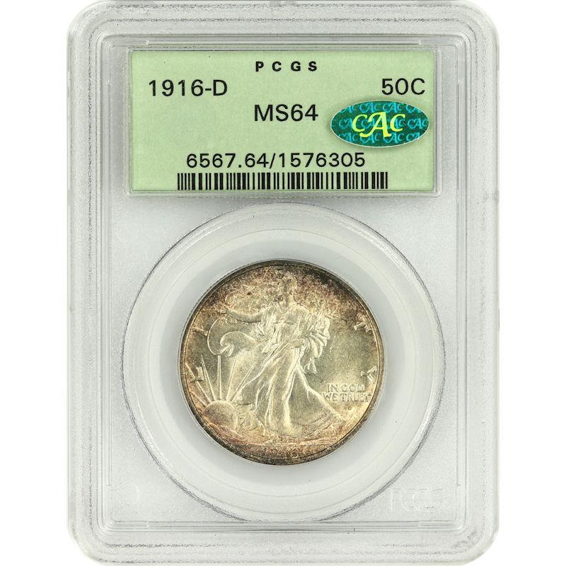 1916-D Walking Liberty Half Dollar 50c PCGS MS64 Rare First Year of Issue