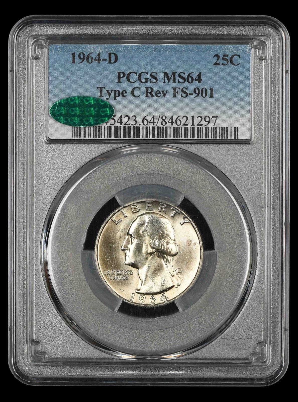1964 D Washington Quarter Type C Reverse FS-901 PCGS MS64 CAC MS64