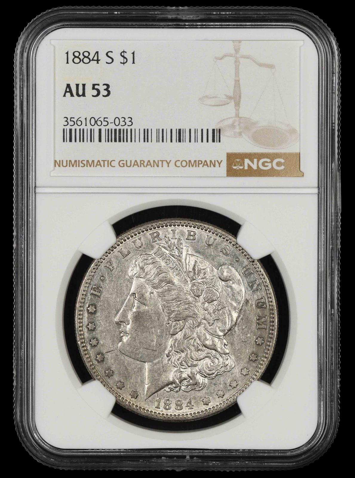 1884 S $1 NGC AU53