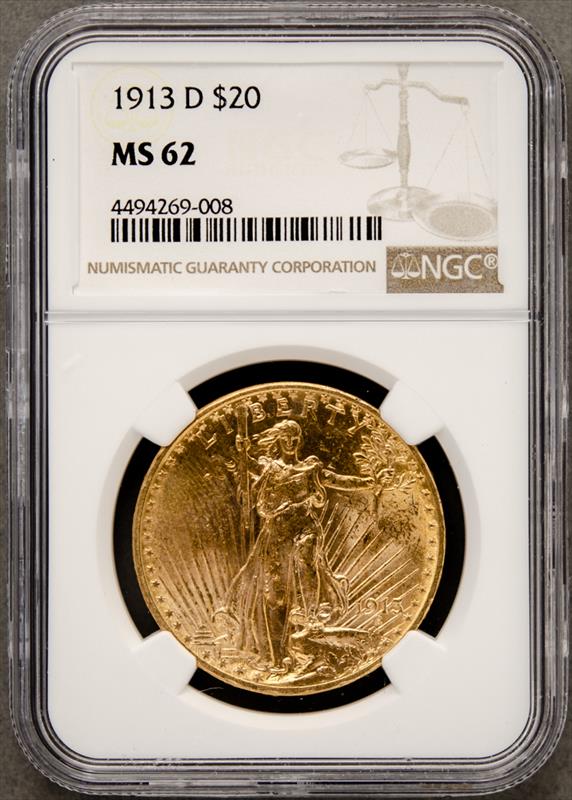 1913-D St. Gaudens $20 NGC MS62