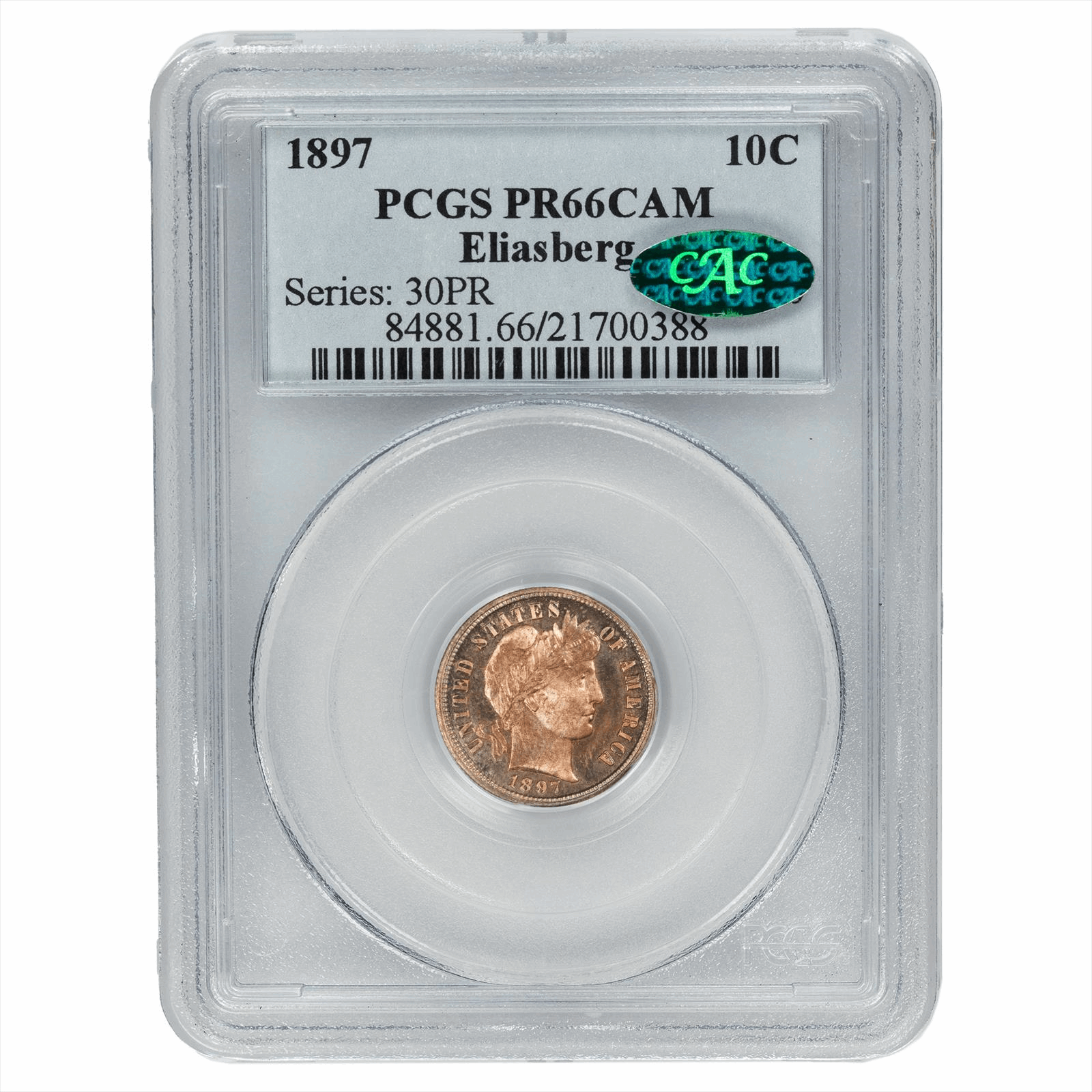 1897 Barber Dime 10c, PCGS PR-66 CAM - CAC, Eliasberg Pedigree 