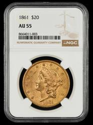 1861 $20 Gold NGC  AU55