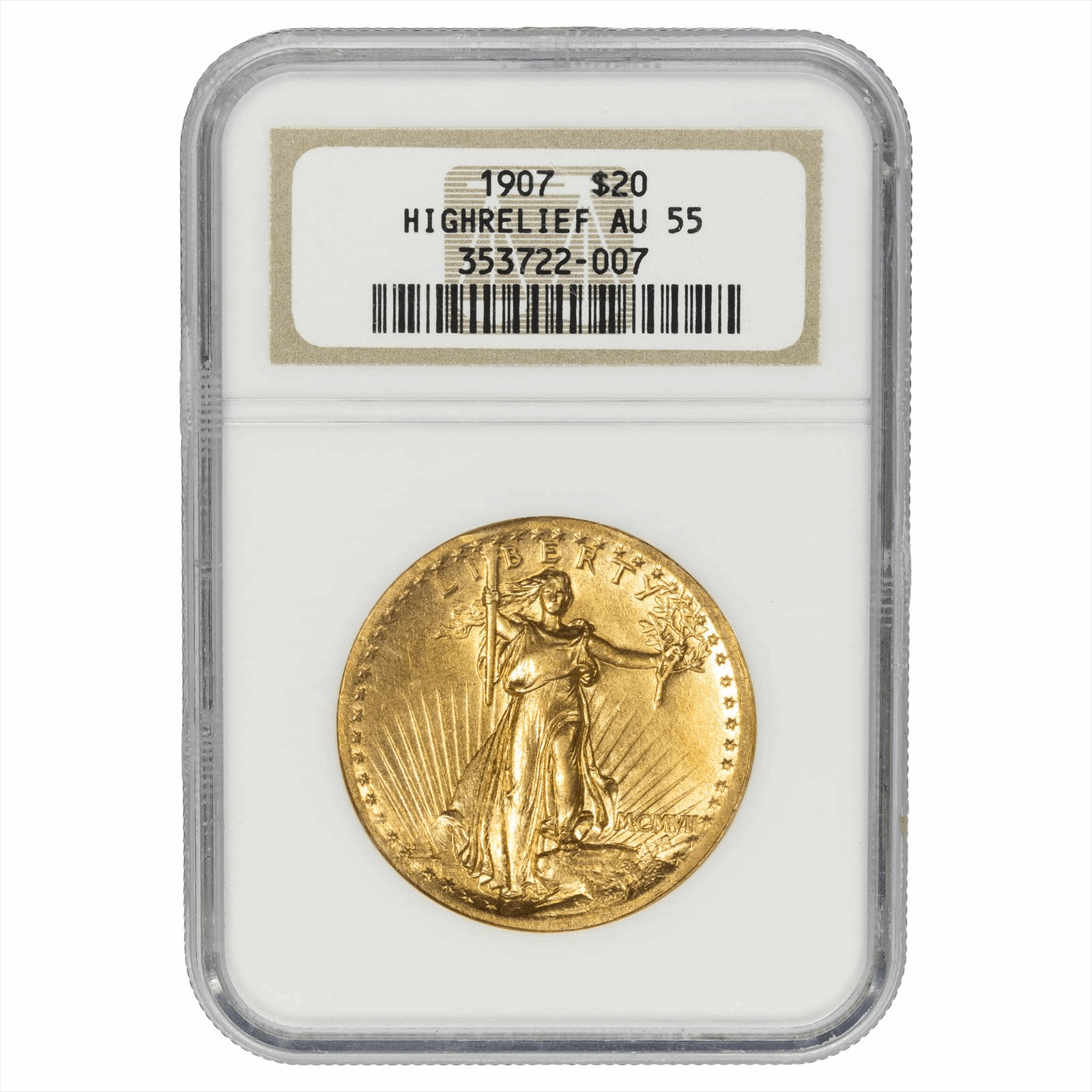 1907 High Relief-Flat Edge St. Gaudens $20 NGC AU 55