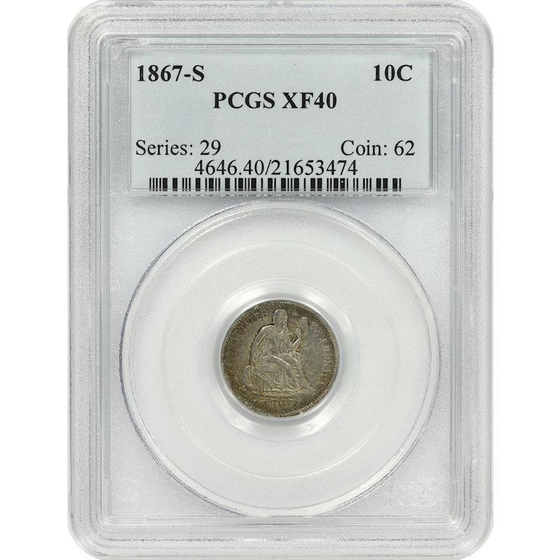 1867-S Seated Liberty Dime 10C PCGS XF40 Reconstruction era coin