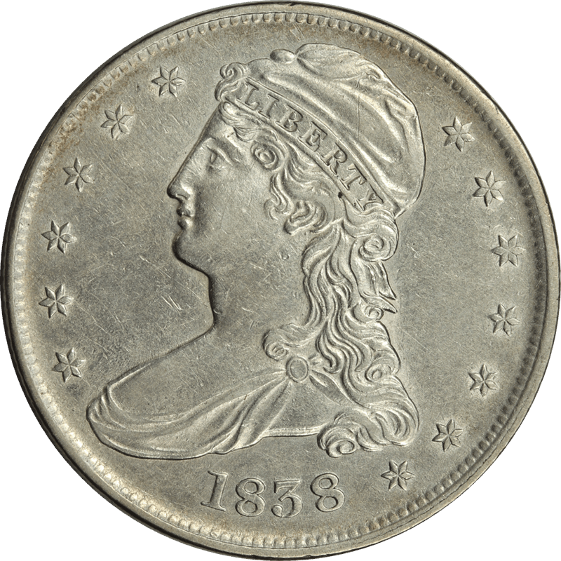 1838 Capped Bust 50c Half Dollar,  Ungraded - Circulated, Reeded Edge