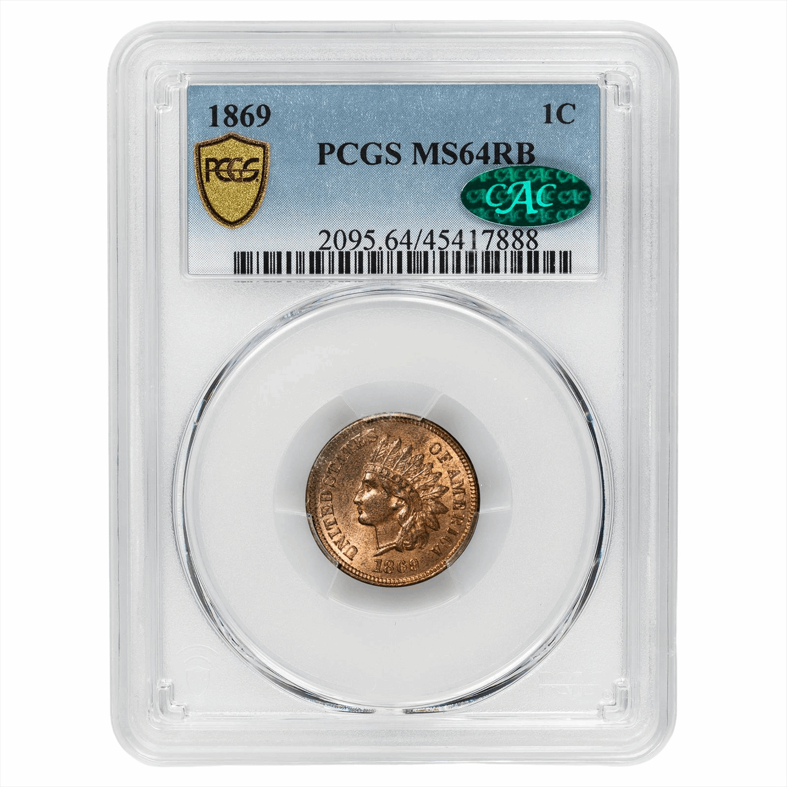 1869 Indian Head Cent 1C PCGS MS 64 RB CAC