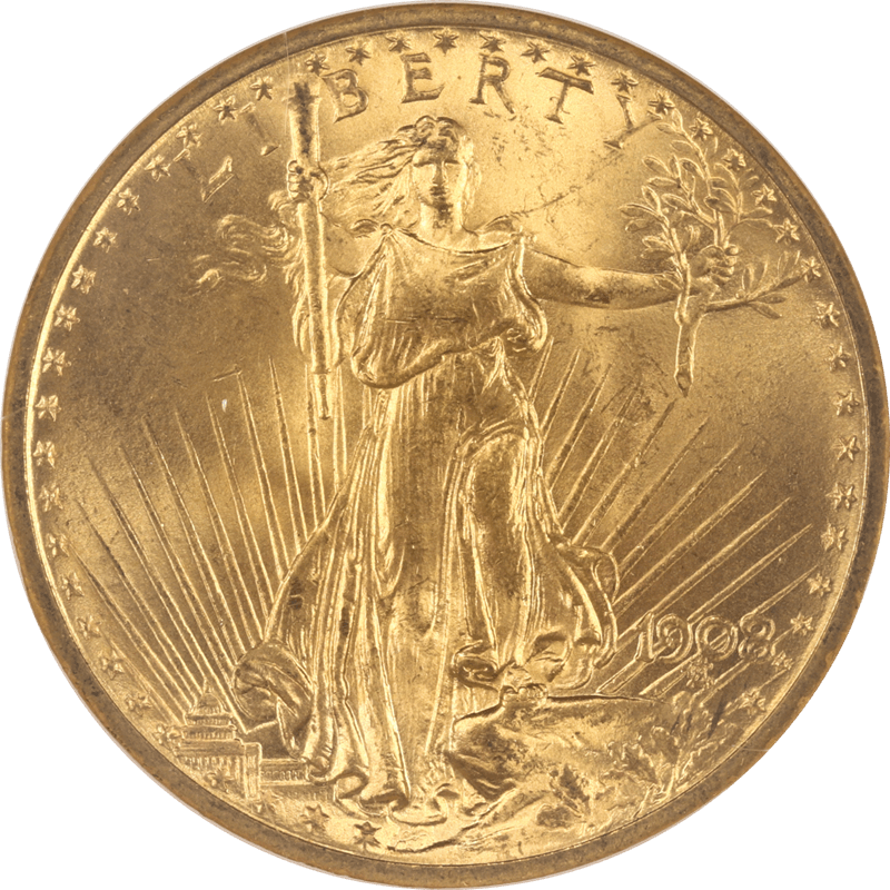 1908 St. Gaudens $20 Gold Double Eagle NGC MS 65 CAC No Motto 