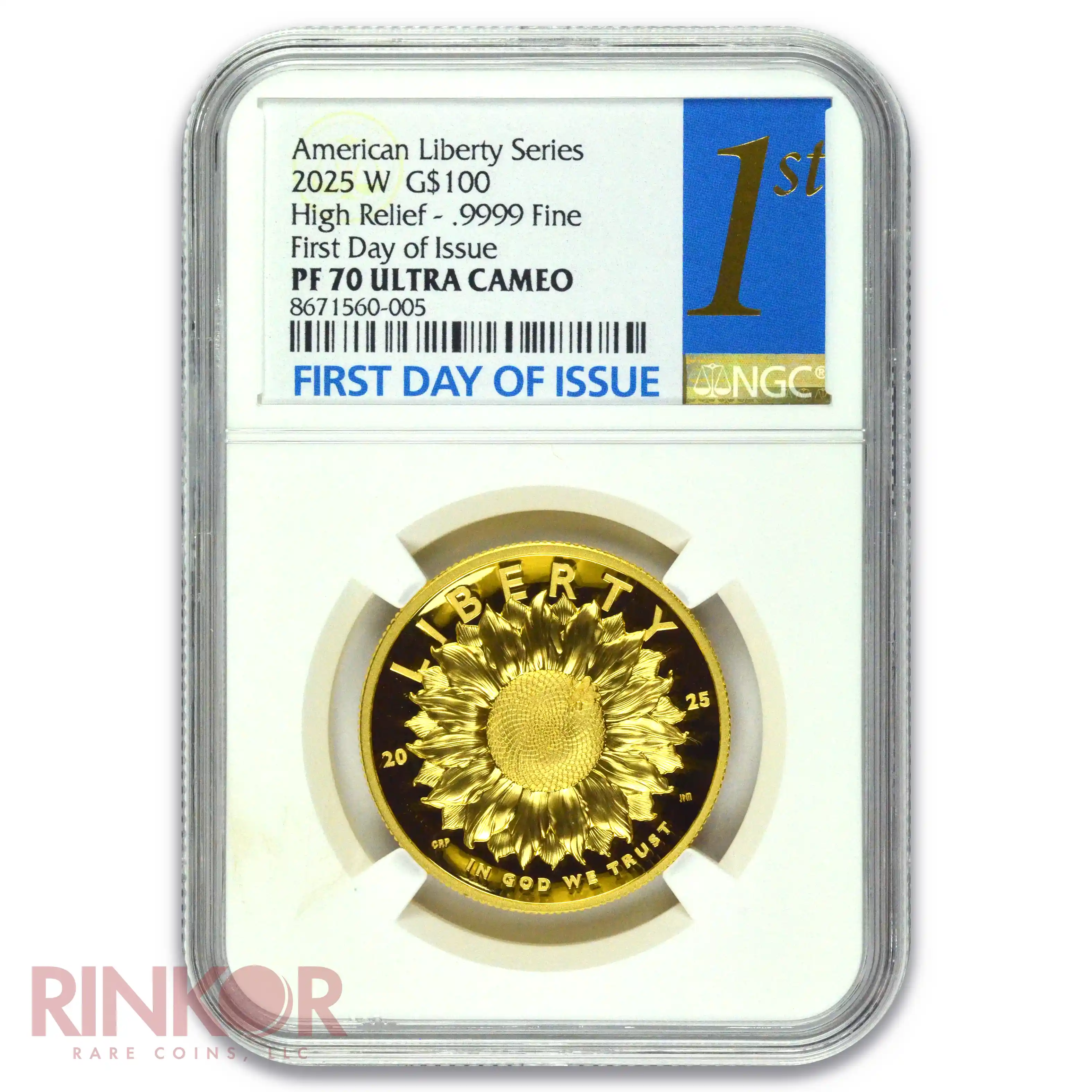 2025-W 1oz American Liberty Gold High Relief First Day of Issue 1st Label NGC PF 70