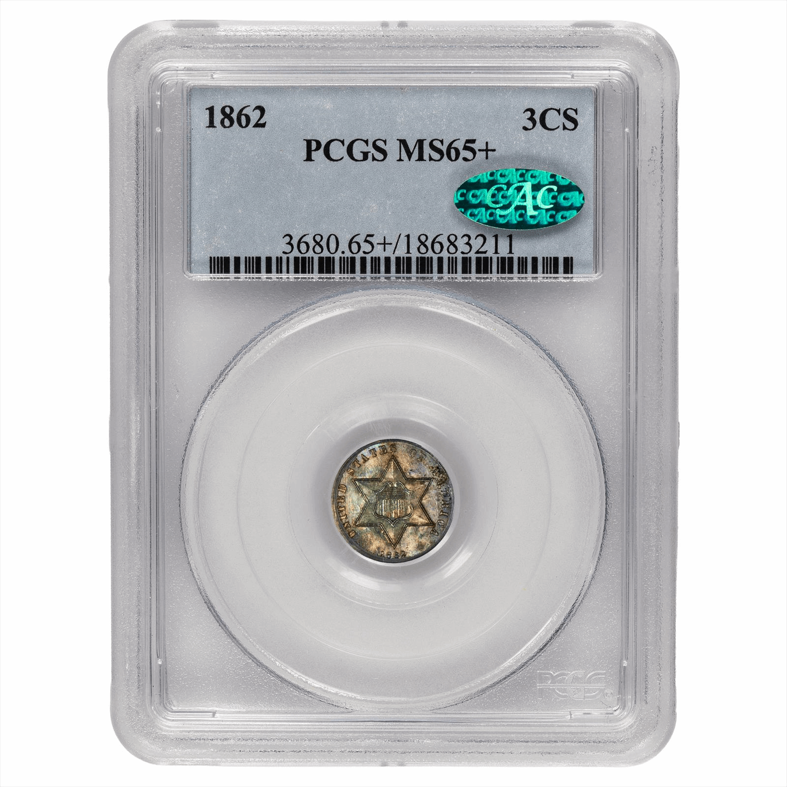 1868 Three Cent Silver 3CS PCGS  MS 65+ CAC