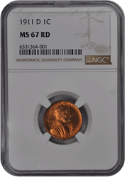 1911-D Lincoln Cent 1C NGC RD #3607-9 MS67