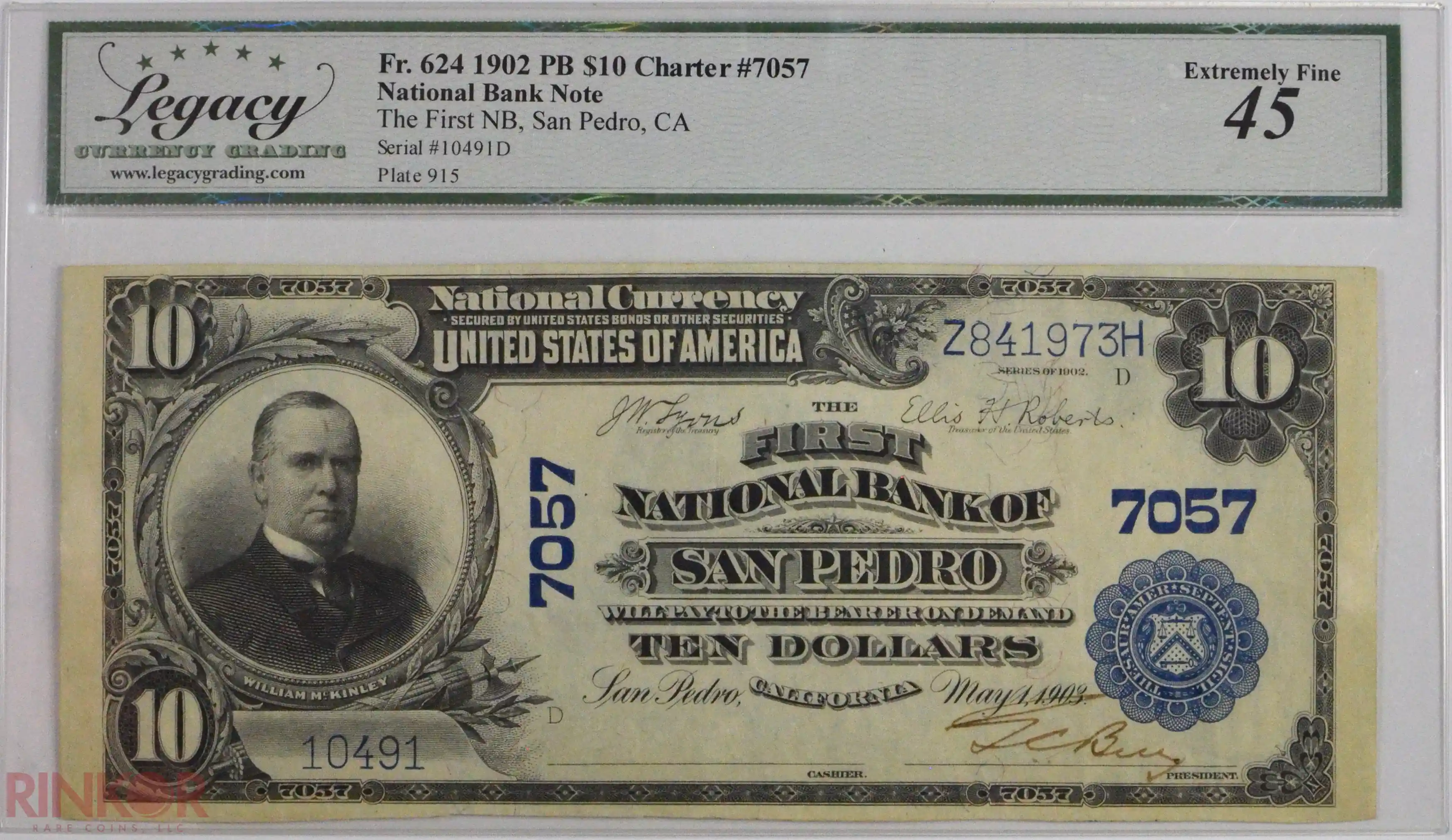 1902 Plain Back $10 Fr. 624 Charter #7057 National Bank Note LCG XF-45