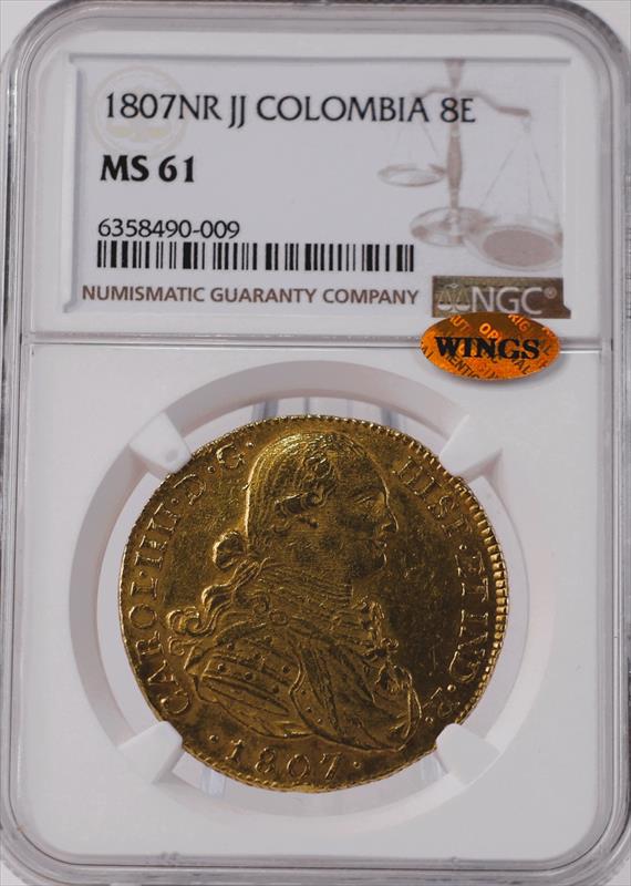 1807NR JJ Columbia Gold 8 Escudo NGC MS61 WINGS 