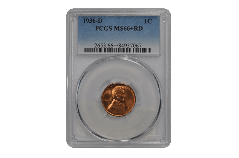 1936-D 1C Lincoln Cent - Type 1 Wheat Reverse PCGS RD #3457-1 MS66+