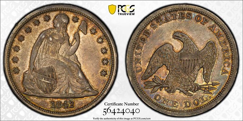 1842 $1 PCGS XF-45 CAC