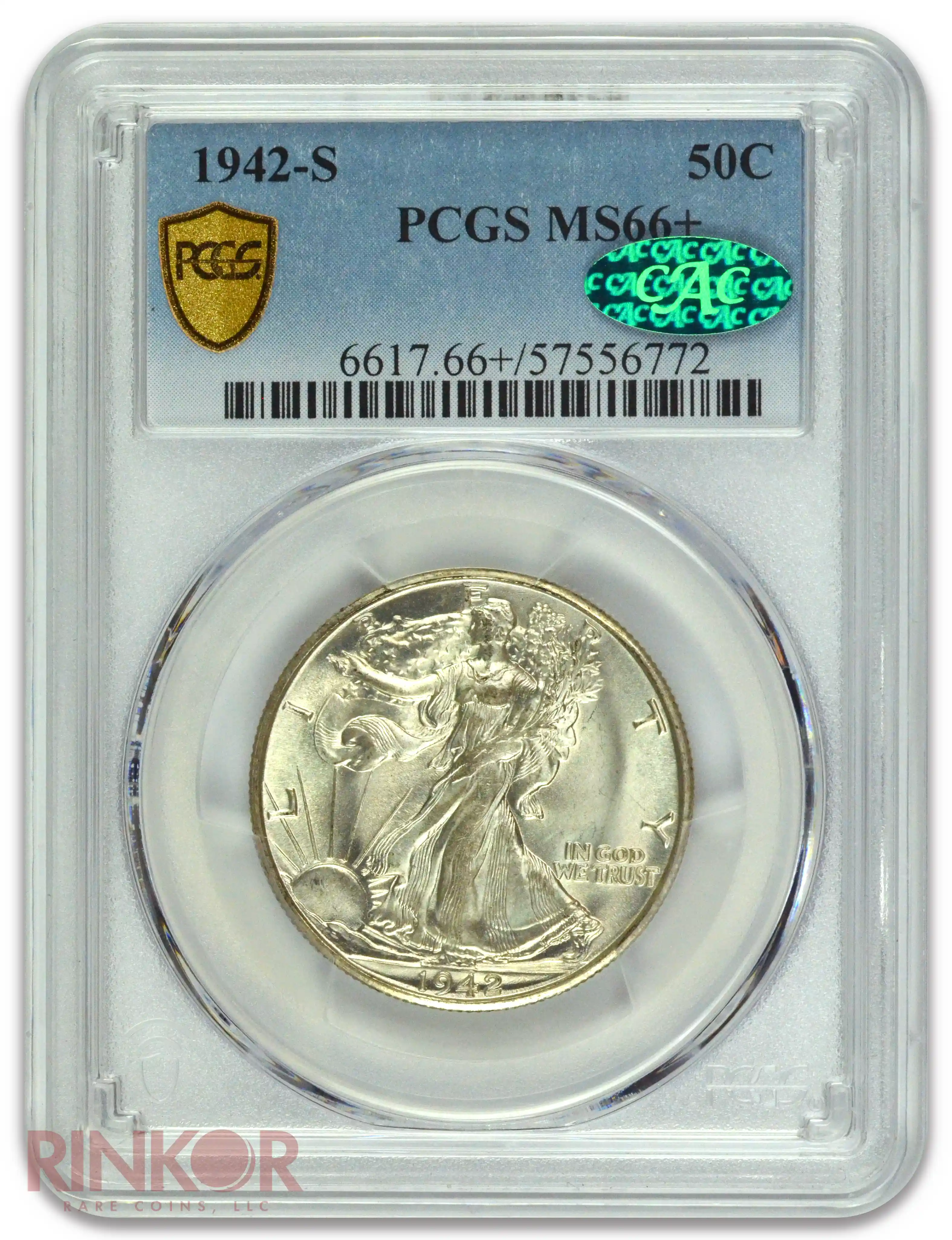 1942-S Walking Liberty Half Dollar PCGS MS 66+ CAC