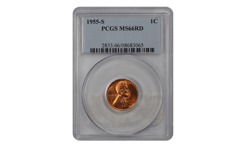 1955-S 1C Lincoln Cent - Type 1 Wheat Reverse PCGS RD #3688-12 MS66