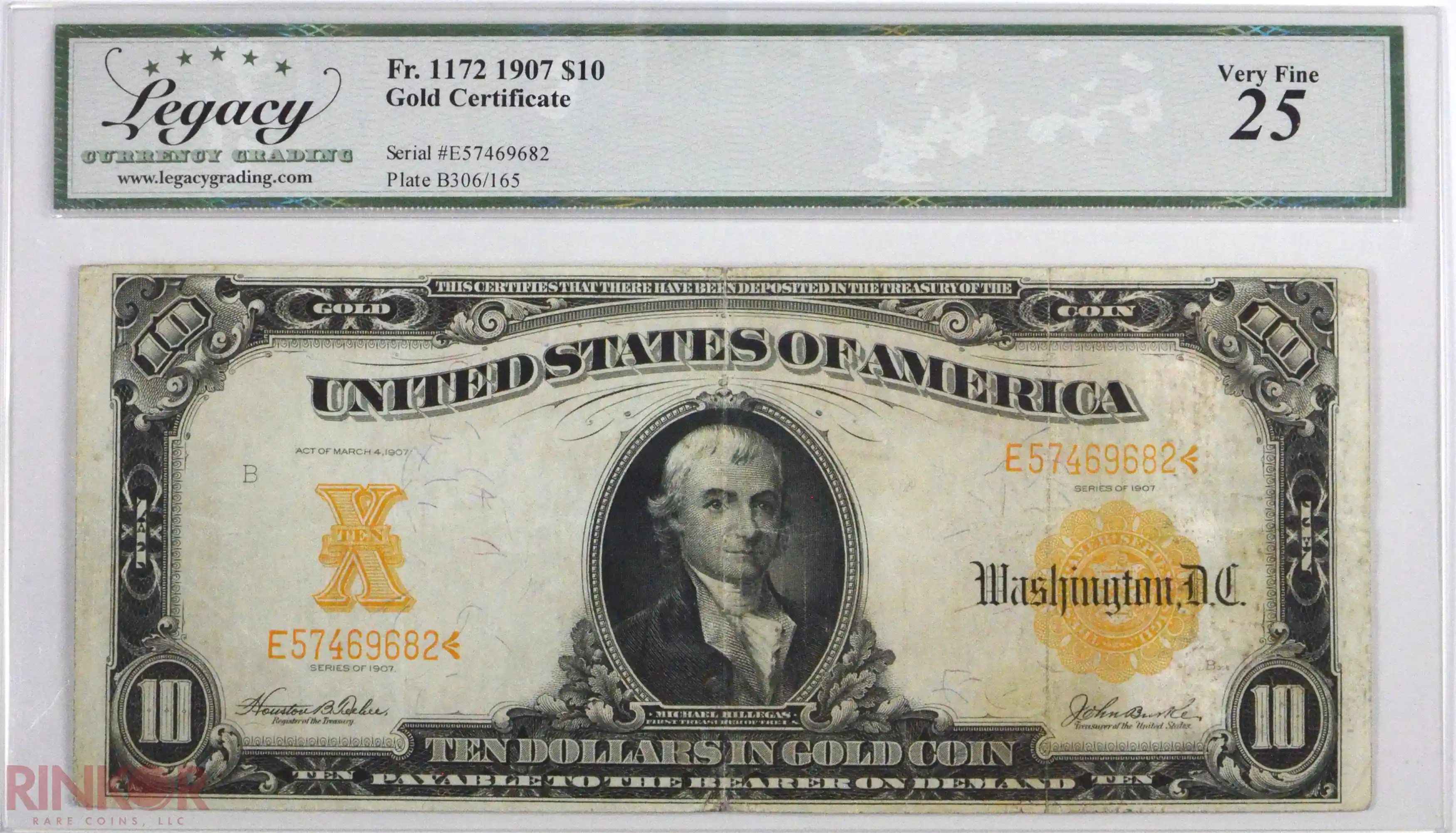 1907 $10 Fr. 1172 Gold Certificate LCG VF-25