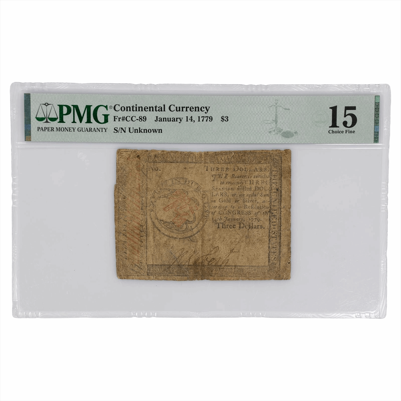 January 14, 1779 Continental Currency $3 FR#CC-89 PMG Fine 15