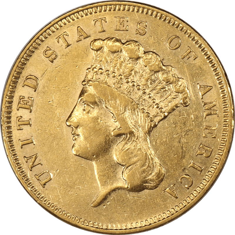 1856-S Indian Princess $3 Gold Piece, Raw Choice About Uncirculated Condition - Better Date