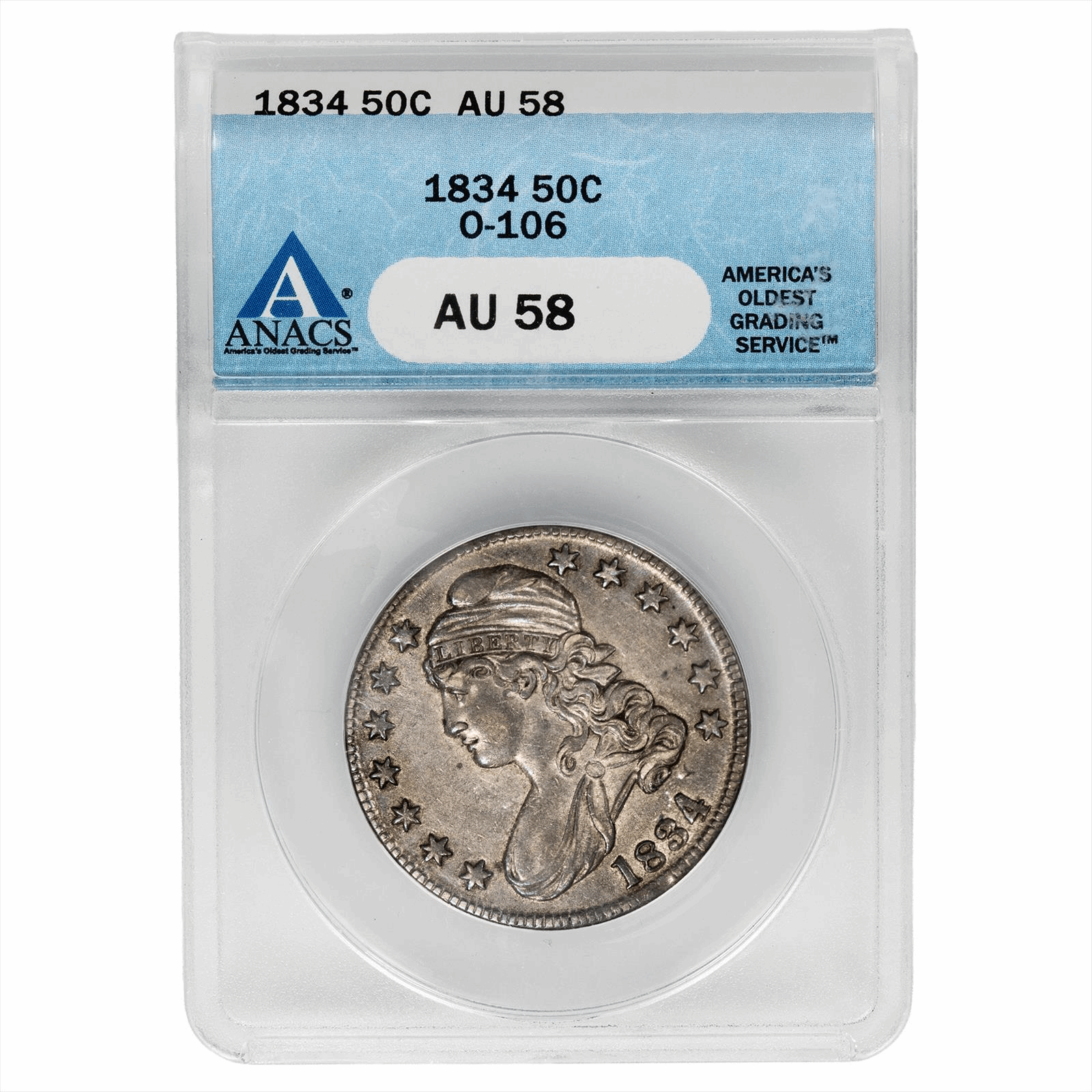 1834 Large Date Large Letter Capped Bust Half Dollar 50C ANACS AU 58
