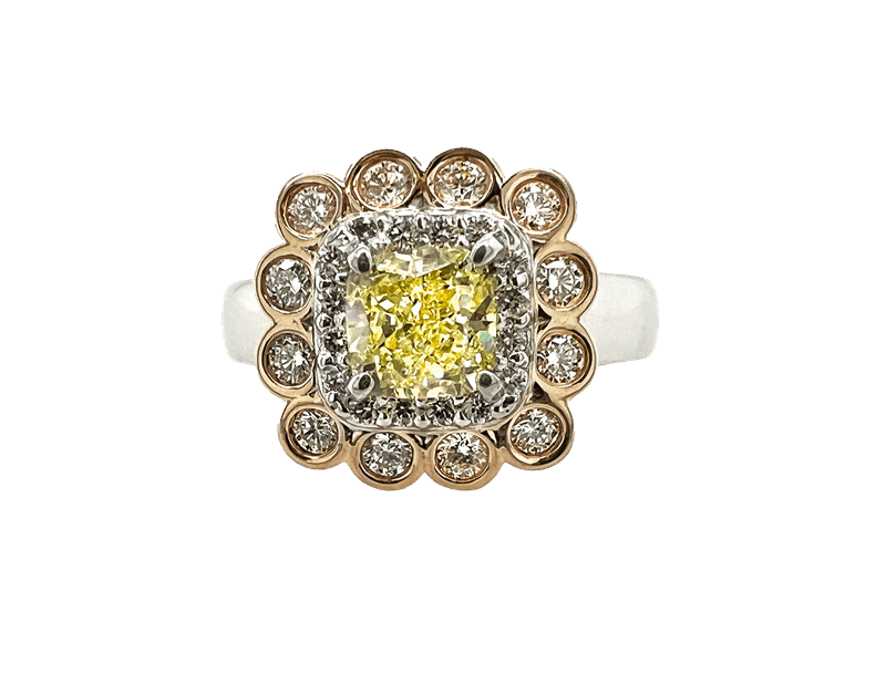 1.03 ct Natural Fancy Intense Yellow Cushion Modified Brilliant Diamond Ring with Double Halo in 14k White Gold Internally Flawless
