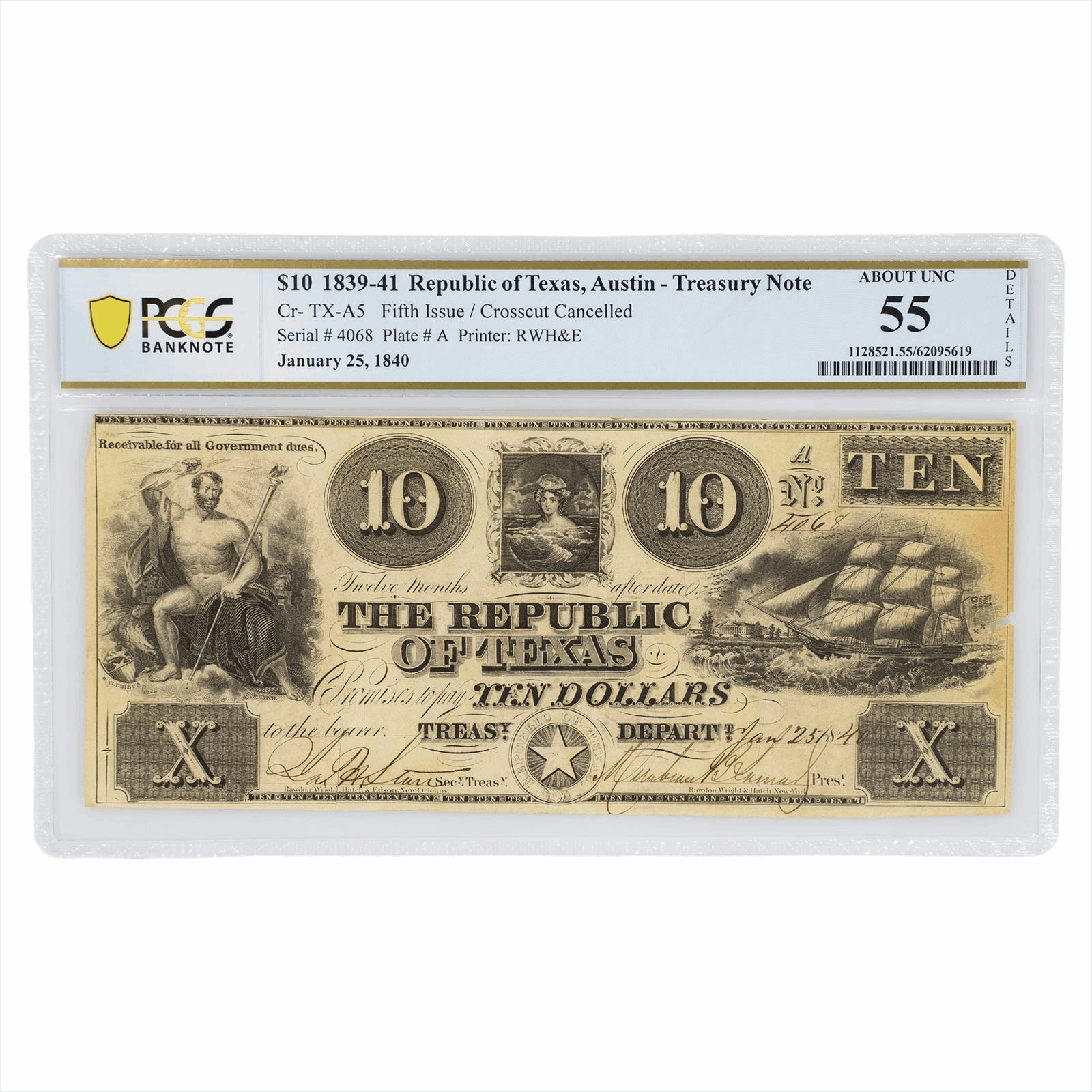 1840 Republic of Texas $10 Austin Red Back Treasury Note PCGS  AU 55