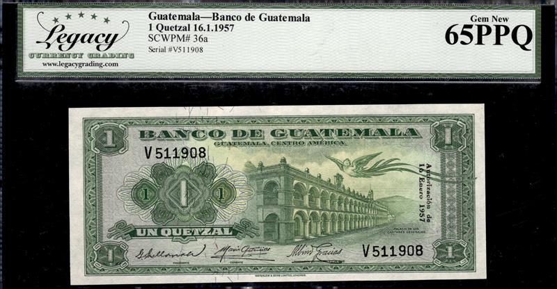 GUATEMALA BANCO DE GUATEMALA 1 QUETZAL 16.1.1957 GEM NEW 65PPQ  