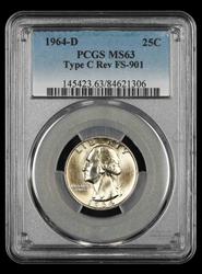 1964 D Washington Quarter PCGS MS63 Type C Reverse FS-901 MS63