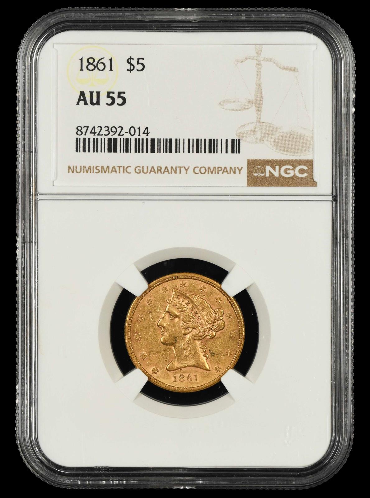 1861 $5 Gold NGC AU-55