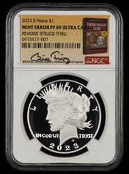 2023 S Peace $1 Mint Error Reverse Struck Thru Bill Fivaz Signature Label NGC PF69 UCAM