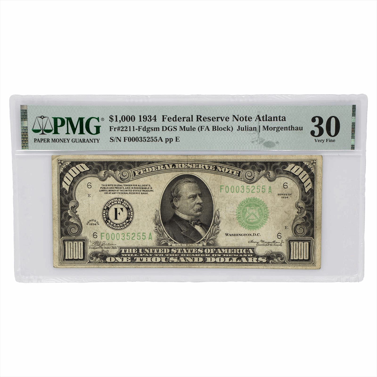 1934 $1000 Federal Reserve Note Fr. 2211-F, PMG 30 - Atlanta Very Fine