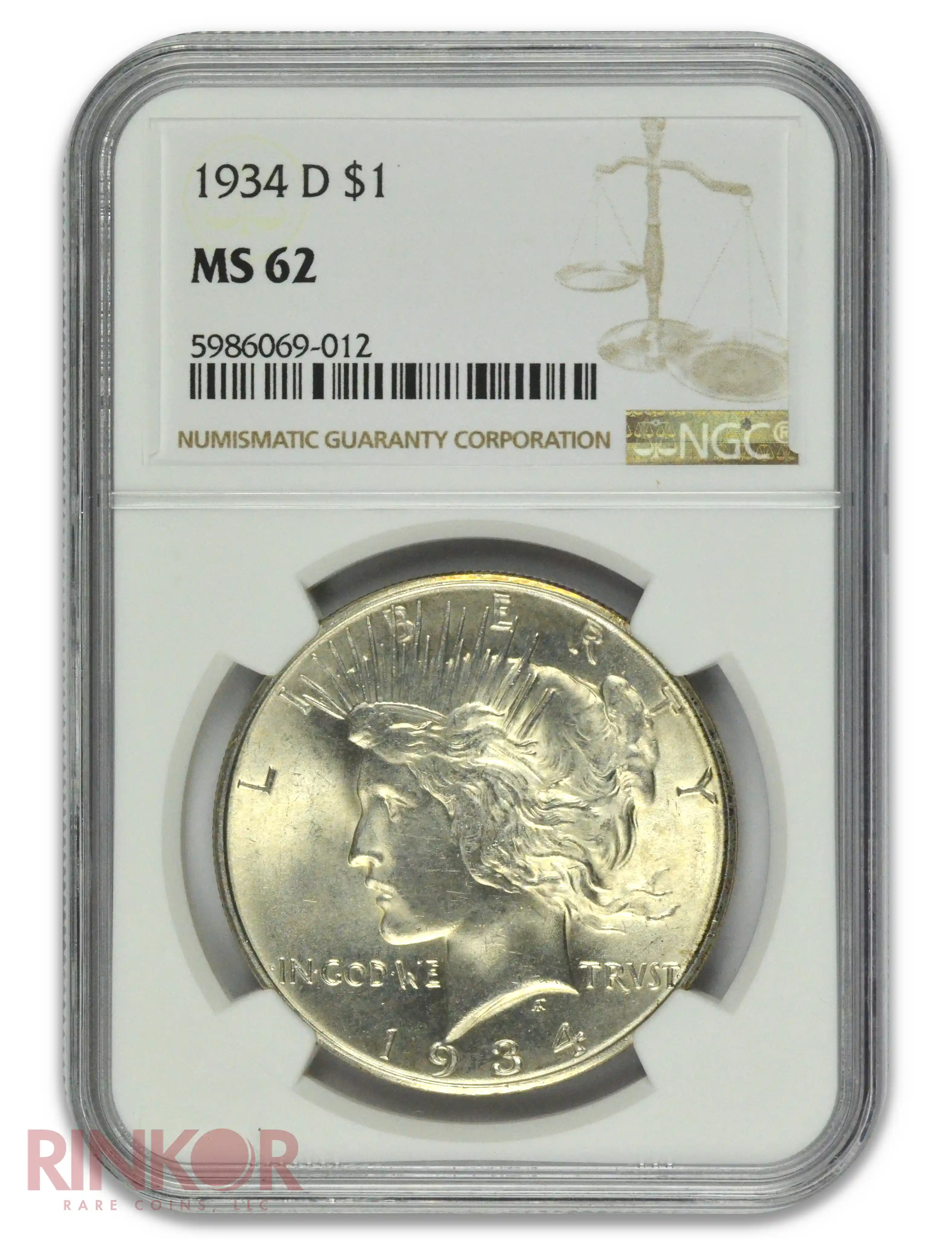 1934-D $1 Peace Dollar NGC MS 62