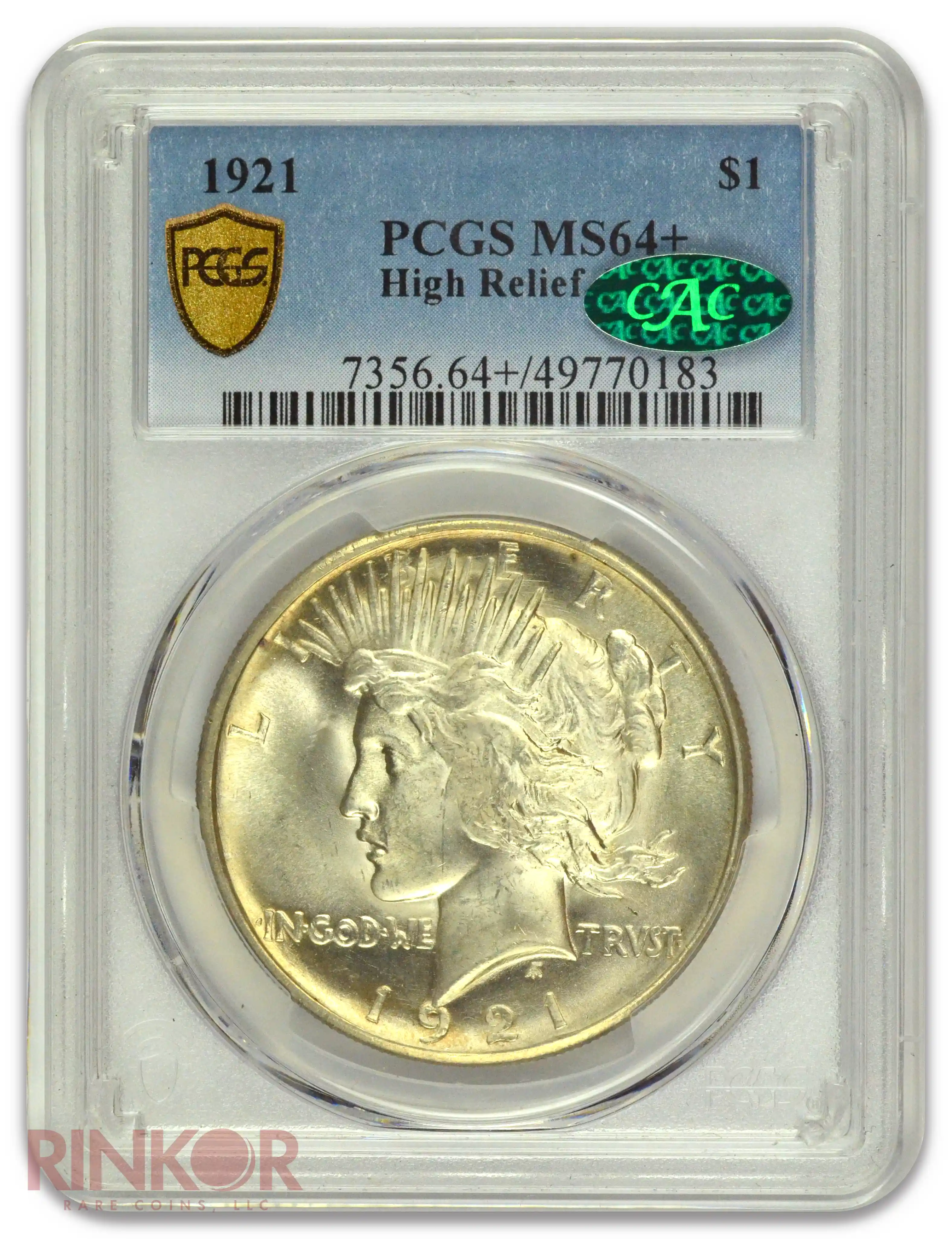 1921 $1 High Relief Peace Dollar PCGS MS 64+ CAC