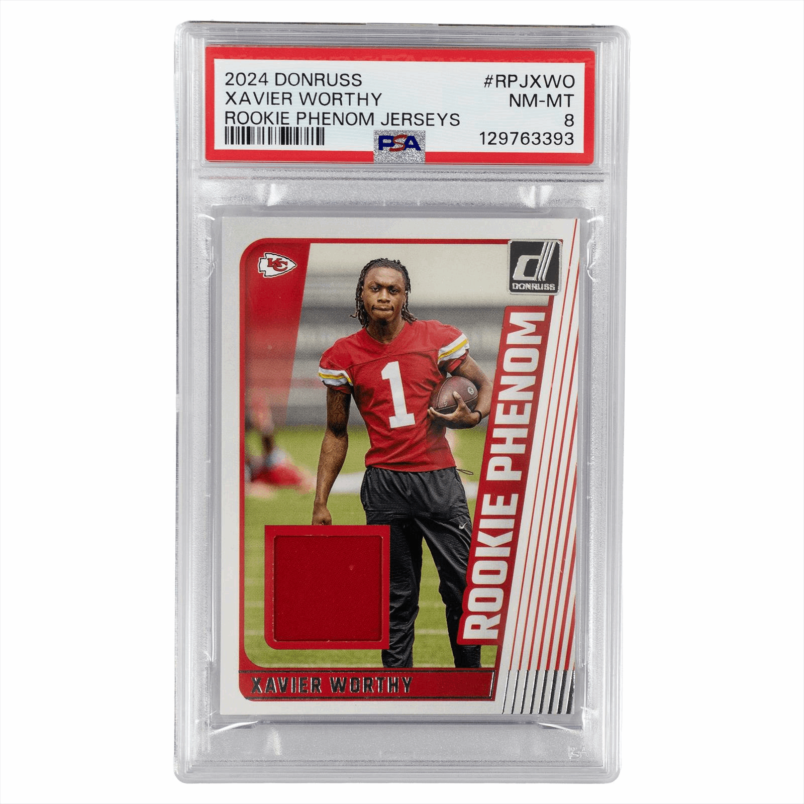2024 Panini Donruss Rookie Phenom Jerseys Xavier Worthy #RPJXWO PSA NM-MT 8 Cert #129763393