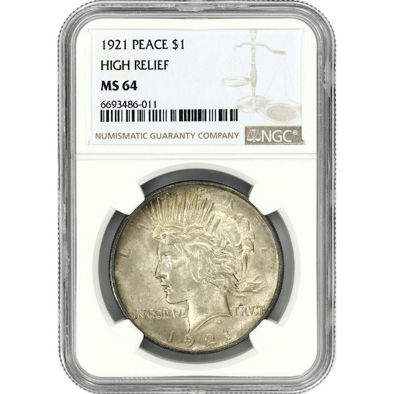 1921 High Relief, Peace Silver  Dollar $1, NGC MS-64 - Nice Original 