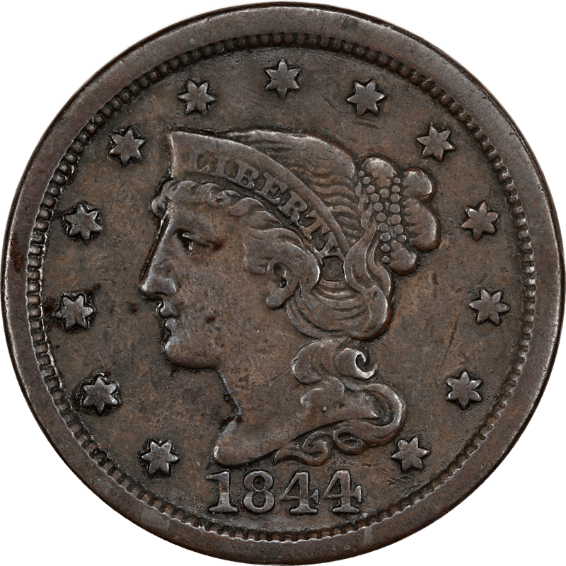 1844 Braided Hair Large Cent 1c Circulated, Extremely Fine