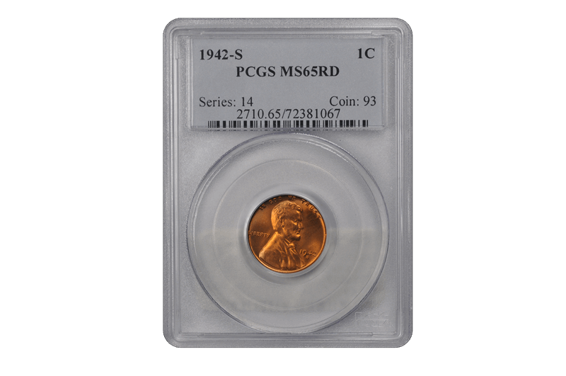 1942-S 1C Lincoln Cent - Type 1 Wheat Reverse PCGS RD #3450-5 MS65