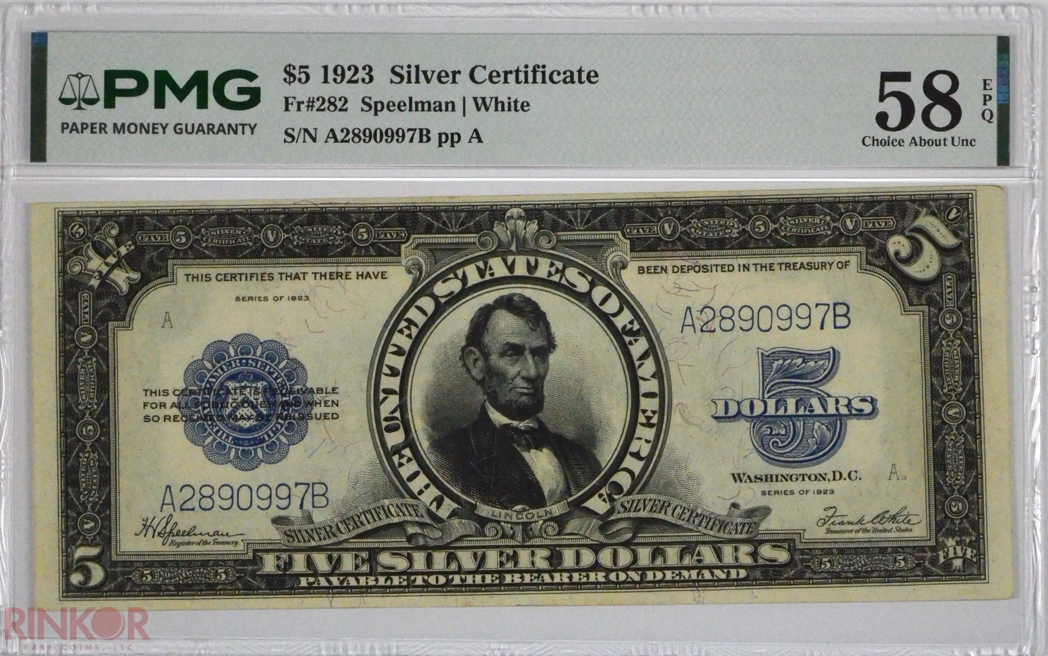 1923 $5 Fr. 282 Silver Certificate PMG AU-58 EPQ